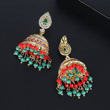 Load image into Gallery viewer, Vintage Ethnic Style Plated Gold Geometric Wind Chimes Tassel Green Cubic Zirconia Earrings