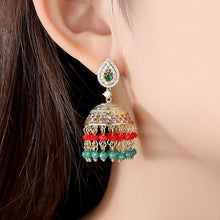 Load image into Gallery viewer, Vintage Ethnic Style Plated Gold Geometric Wind Chimes Tassel Green Cubic Zirconia Earrings