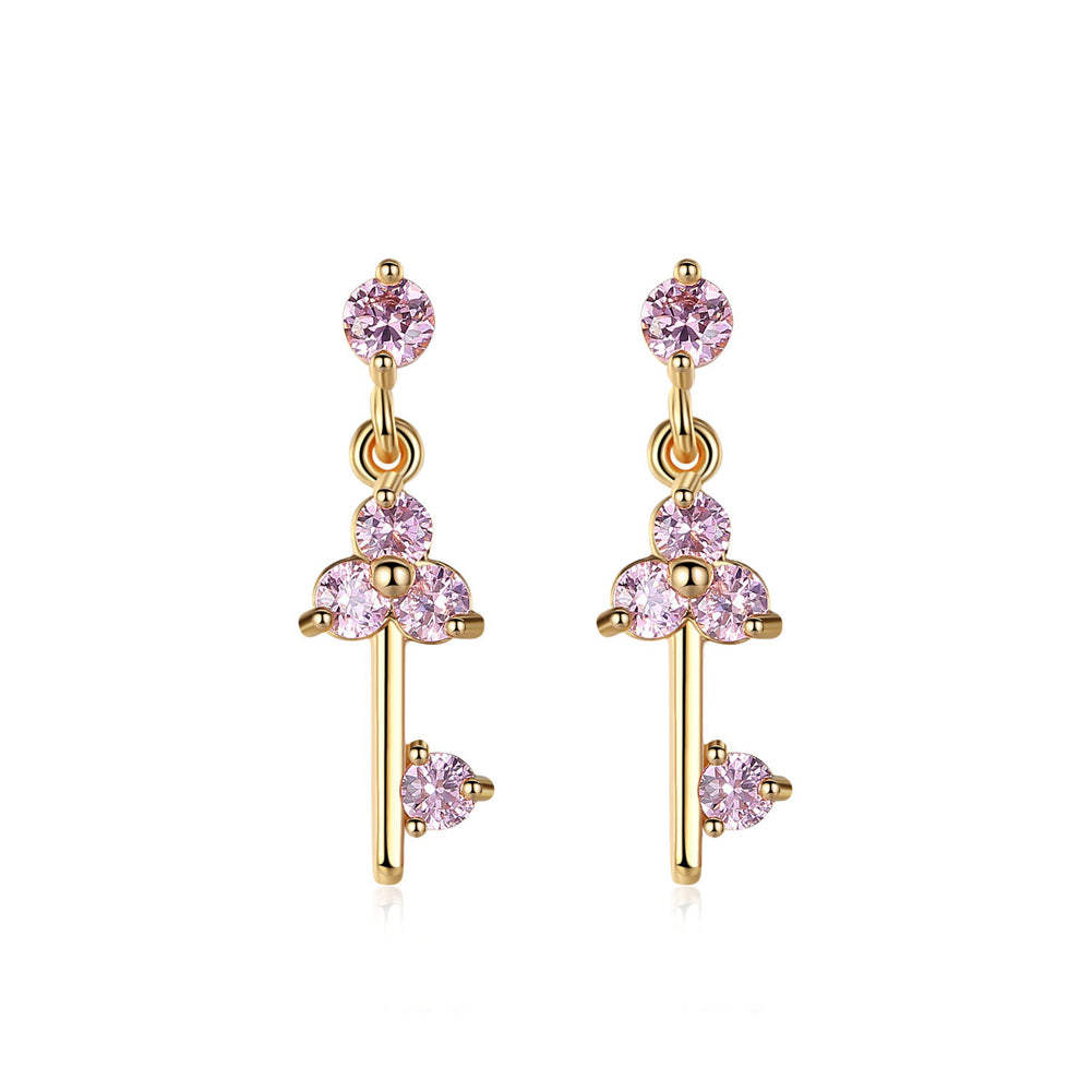 Simple and Fashion Plated Gold Geometric Key Earrings with Pink Cubic Zirconia