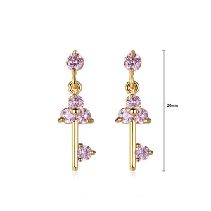 Simple and Fashion Plated Gold Geometric Key Earrings with Pink Cubic Zirconia