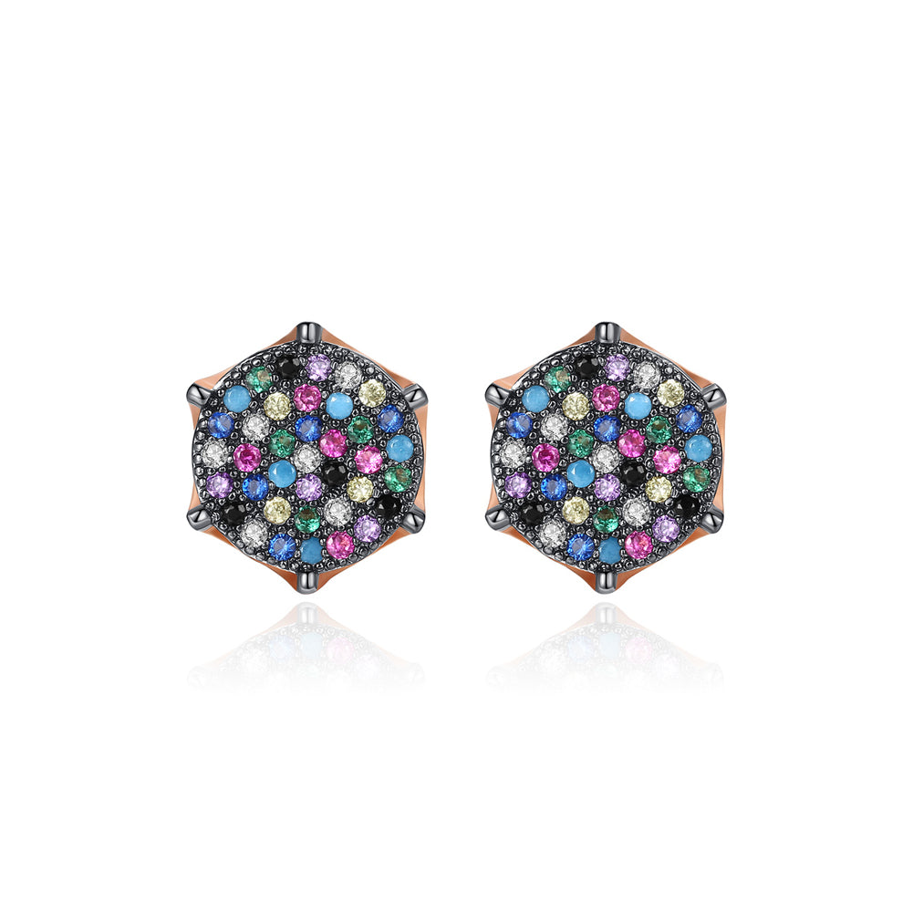 Simple and Bright Plated Rose Gold Geometric Diamond Stud Earrings with Colorful Cubic Zirconia
