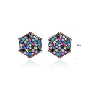 Simple and Bright Plated Rose Gold Geometric Diamond Stud Earrings with Colorful Cubic Zirconia
