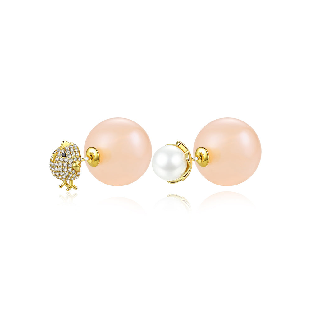 Simple and Fashion Plated Gold Bird Imitation Pearl Asymmetrical Stud Earrings with Cubic Zirconia