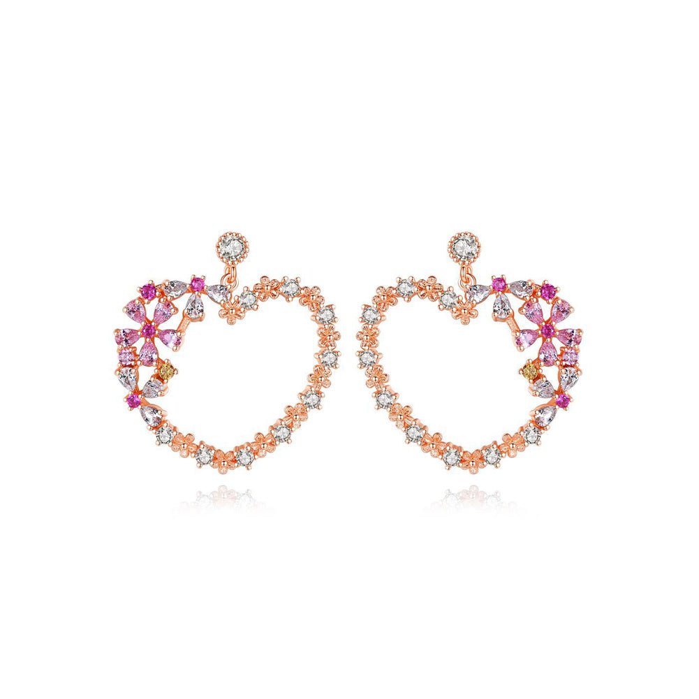 Simple and Sweet Plated Rose Gold Hollow Heart-shaped Flower Earrings with Cubic Zirconia