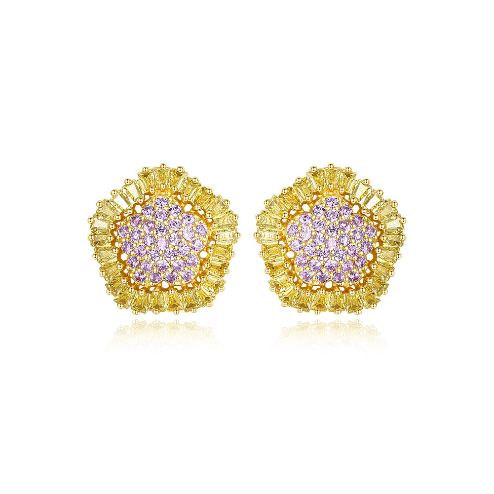 Fashion Bright Plated Gold Flower Stud Earrings with Cubic Zirconia