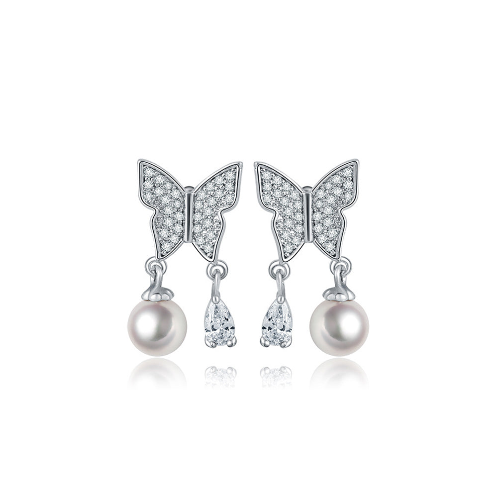 Fashion and Elegant Butterfly Tassel Imitation Pearl Earrings with Cubic Zirconia