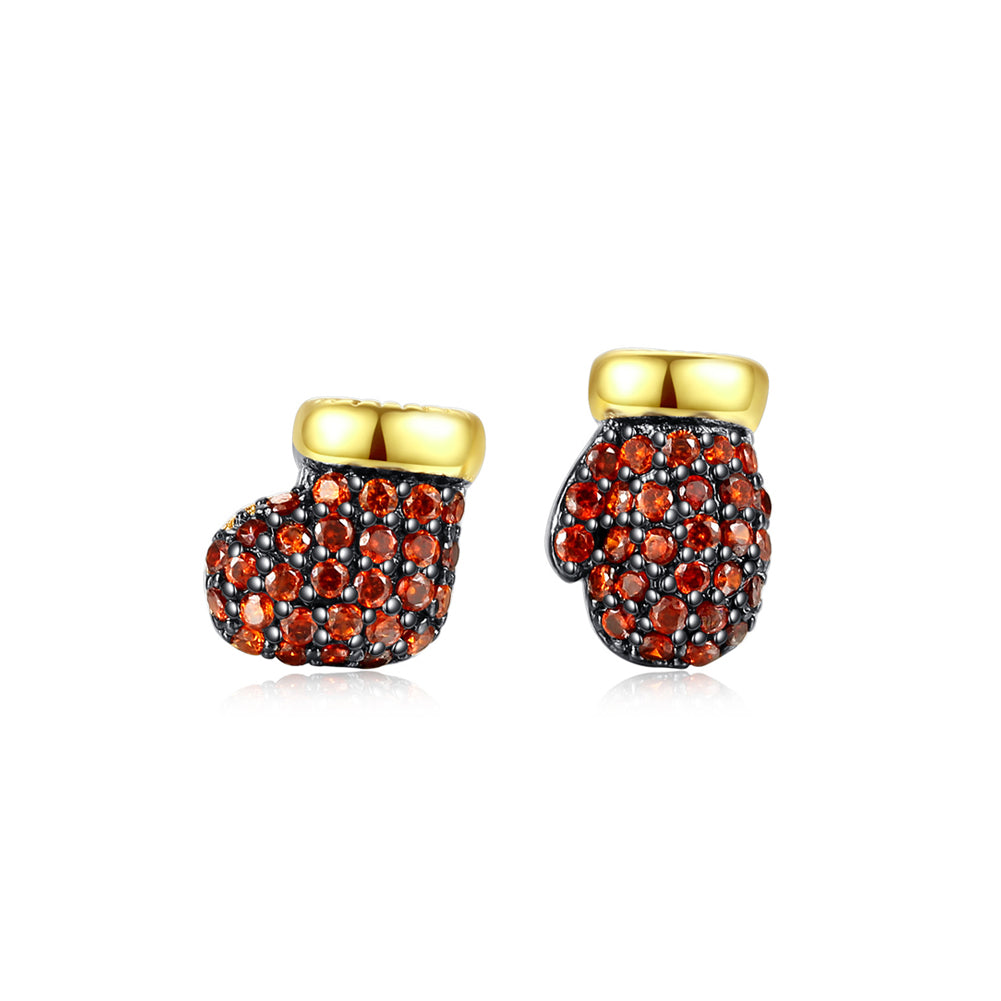 Simple and Cute Plated Gold Glove Stud Earrings with Red Cubic Zirconia