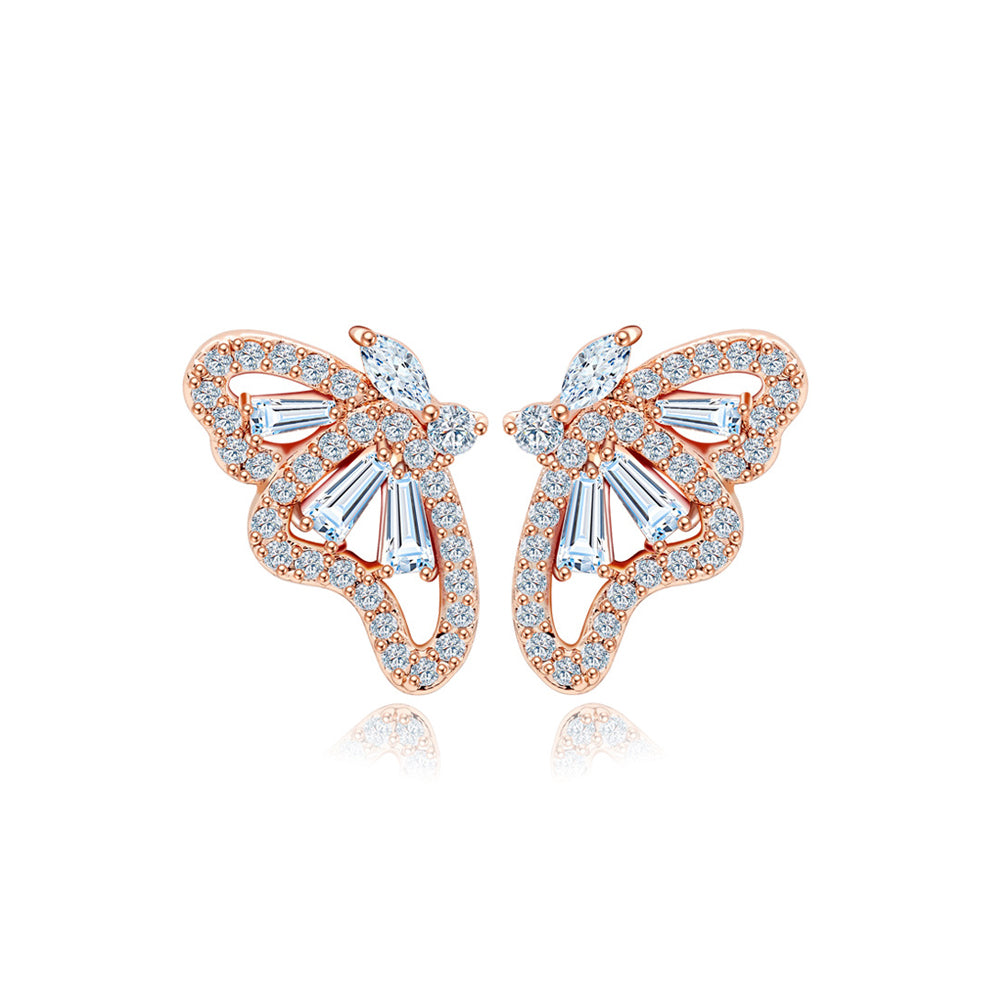 Elegant and Fashion Plated Rose Gold Butterfly Stud Earrings with Cubic Zirconia