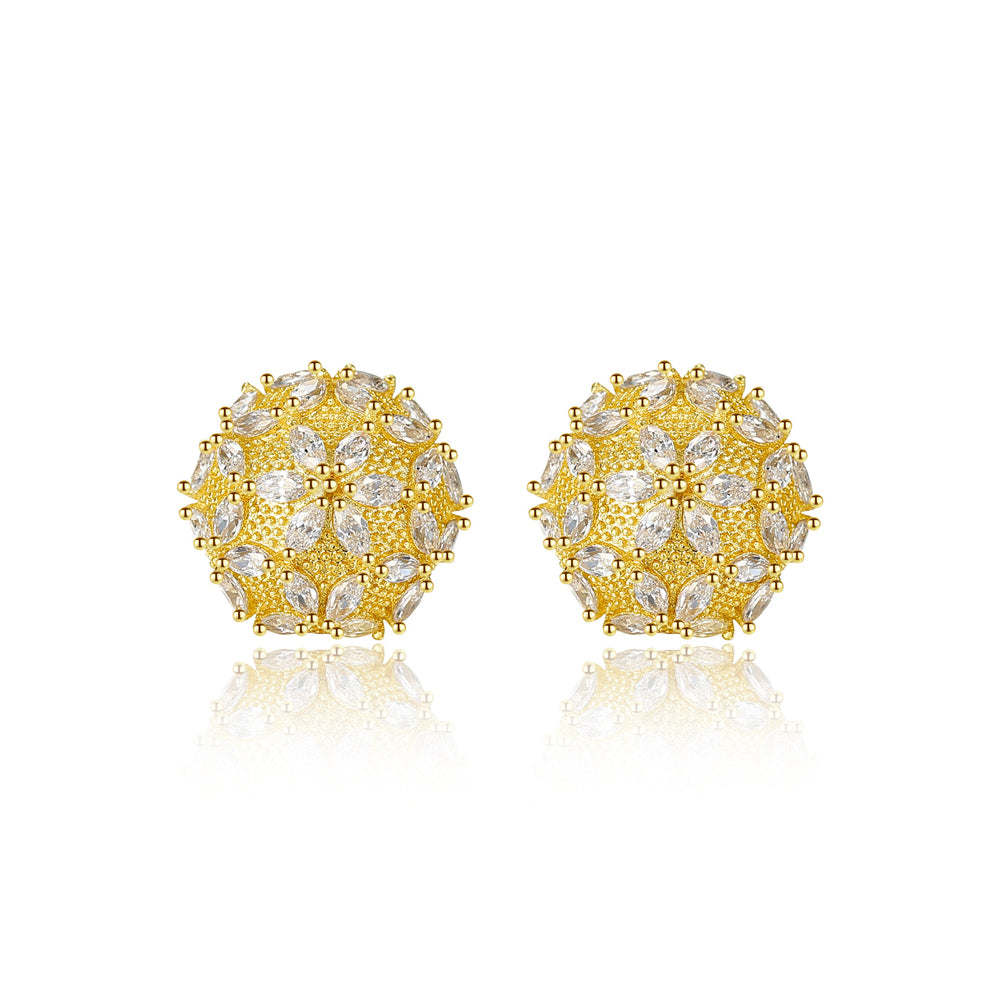 Simple and Fashion Plated Gold Geometric Round Flower Stud Earrings with Cubic Zirconia