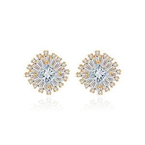 Fashion Bright Plated Gold Geometric Flower Stud Earrings with Cubic Zirconia
