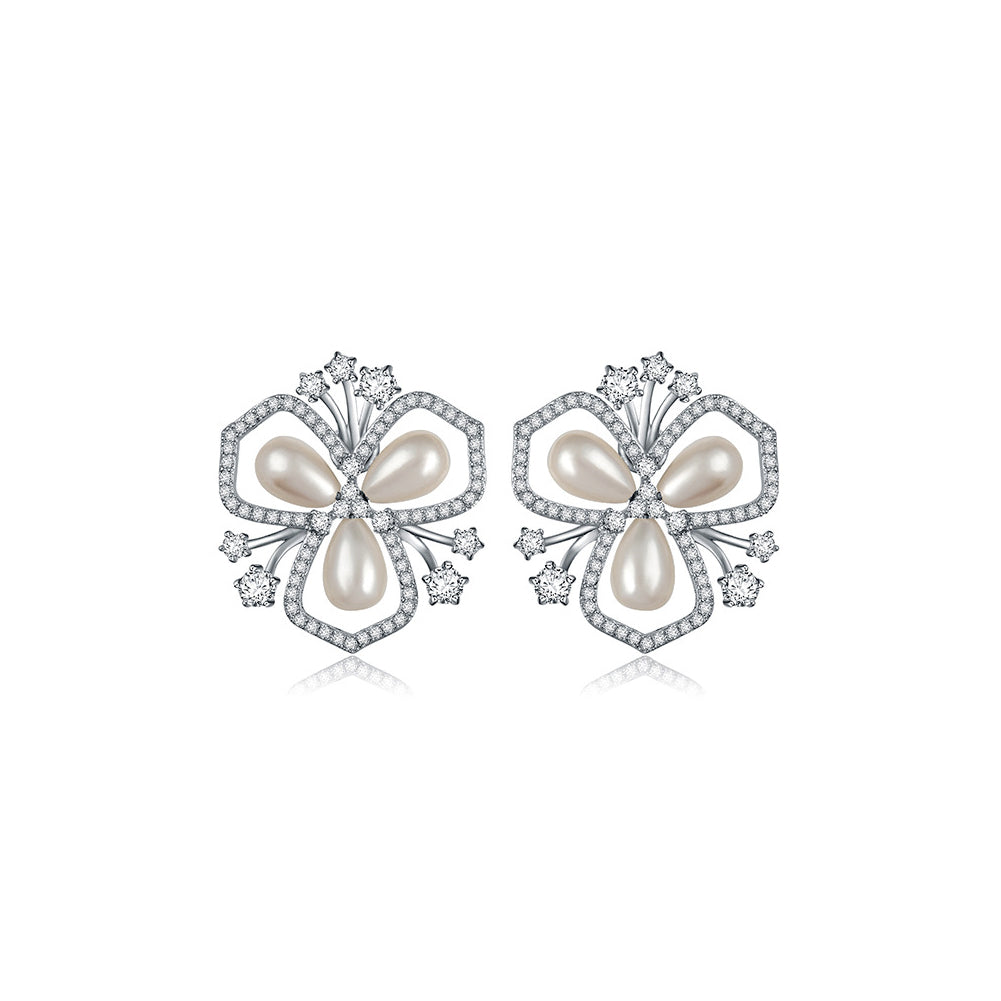 Elegant and Fashion Geometric Flower Imitation Pearl Stud Earrings with Cubic Zirconia