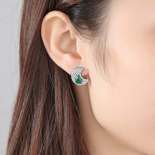 Load image into Gallery viewer, Simple and Bright Plated Black Moon Stud Earrings with Green Cubic Zirconia