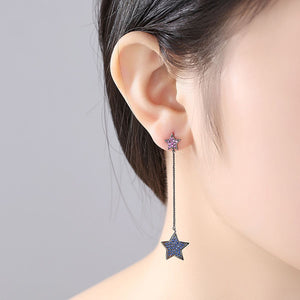 Simple Temperament Plated Black Star Tassel Earrings with Blue Cubic Zirconia