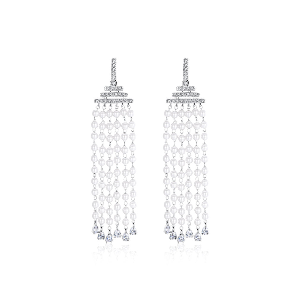 Elegant Temperament Geometric Round Beads Imitation Pearl Tassel Earrings with Cubic Zirconia