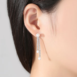 Simple Temperament Geometric Tassel Imitation Pearl Earrings with Cubic Zirconia