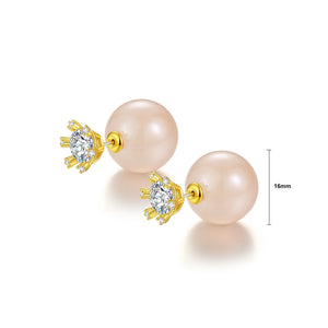Simple and Fashion Plated Gold Crown Cubic Zirconia Stud Earrings with Imitation Pearls