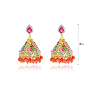 Fashion Vintage Plated Gold Geometric Triangle Wind Chimes Tassel Earrings with Red Cubic Zirconia