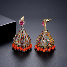 Load image into Gallery viewer, Fashion Vintage Plated Gold Geometric Triangle Wind Chimes Tassel Earrings with Red Cubic Zirconia