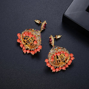 Fashion Vintage Plated Gold Geometric Triangle Wind Chimes Tassel Earrings with Red Cubic Zirconia