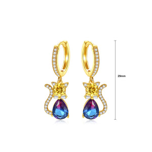 Simple and Cute Plated Gold Cat Earrings with Colorful Cubic Zirconia