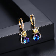 Load image into Gallery viewer, Simple and Cute Plated Gold Cat Earrings with Colorful Cubic Zirconia