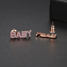 Load image into Gallery viewer, Simple and Sweet Plated Rose Gold BABY English Alphabet Stud Earrings with Pink Cubic Zirconia