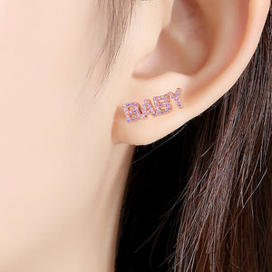 Simple and Sweet Plated Rose Gold BABY English Alphabet Stud Earrings with Pink Cubic Zirconia