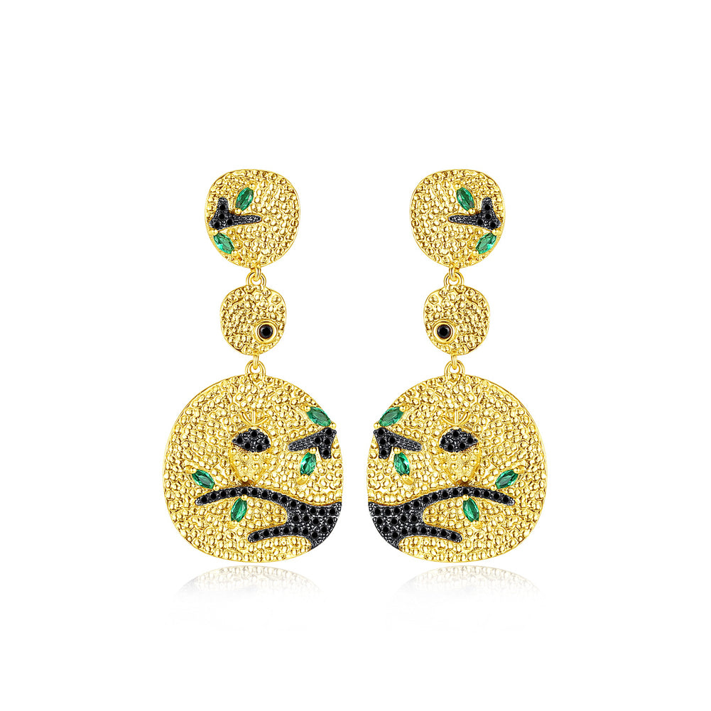 Fashion and Elegant Plated Gold Geometric Round Hibiscus Earrings with Black Cubic Zirconia