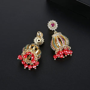 Fashion Vintage Plated Gold Palace Geometric Wind Chimes Earrings with Red Cubic Zirconia