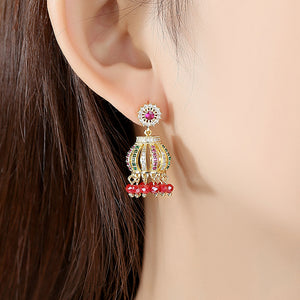 Fashion Vintage Plated Gold Palace Geometric Wind Chimes Earrings with Red Cubic Zirconia