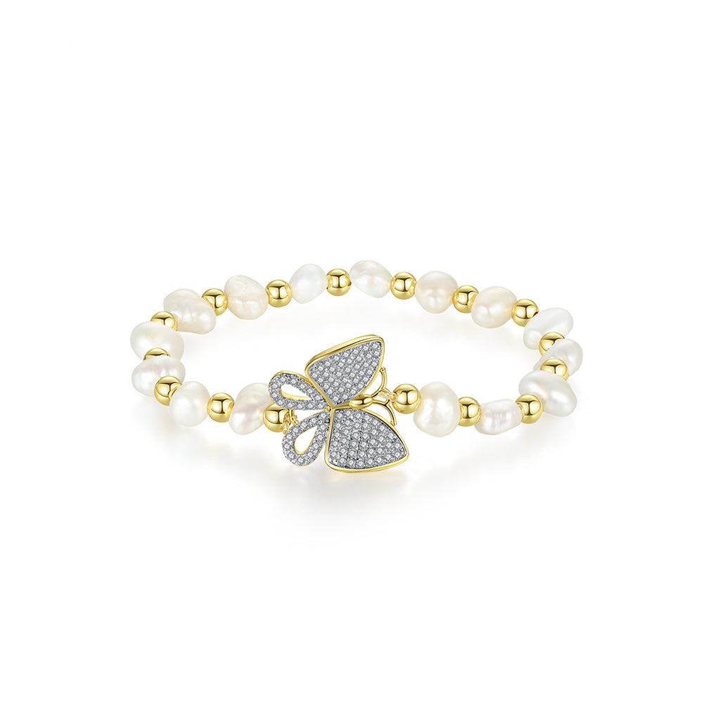 Fashion and Elegant Plated Gold Butterfly Cubic Zirconia Imitation Pearl Bracelet