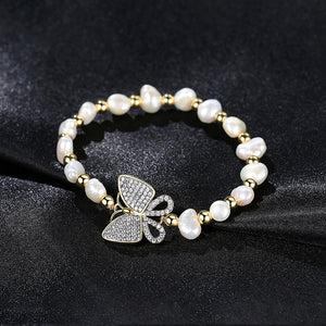 Fashion and Elegant Plated Gold Butterfly Cubic Zirconia Imitation Pearl Bracelet