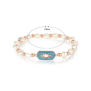 Fashion and Elegant Plated Rose Gold Geometric Oval Light Blue Cubic Zirconia Bracelet with Imitation Pearls