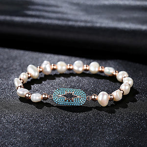 Fashion and Elegant Plated Rose Gold Geometric Oval Light Blue Cubic Zirconia Bracelet with Imitation Pearls