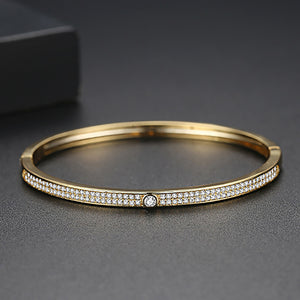Simple Temperament Plated Gold Geometric Oval Double Row Cubic Zirconia Bangle