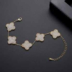Fashion Bright Plated Gold Four-leafed Clover Bracelet with Cubic Zirconia