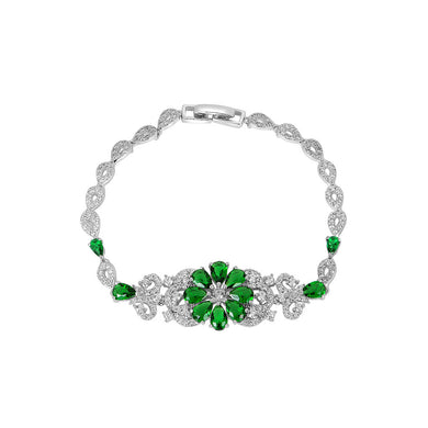 Elegant Temperament Geometric Flower Bracelet with Green Cubic Zirconia 19cm