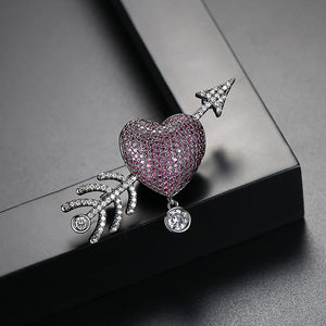 Elegant and Bright Plated Black Heart-shaped Cupid's Arrow Brooch with Purple Cubic Zirconia