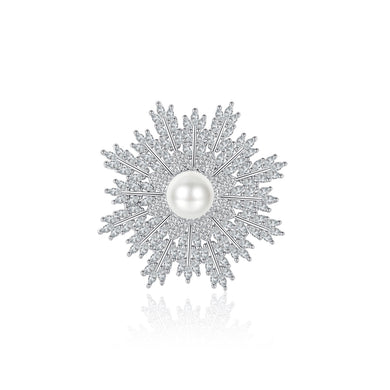Elegant and Bright Snowflake Imitation Pearl Brooch with Cubic Zirconia
