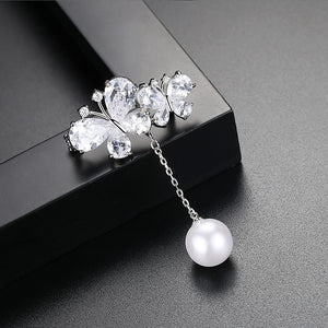 Simple Temperament Double Butterfly Tassel Imitation Pearl Brooch with Cubic Zirconia
