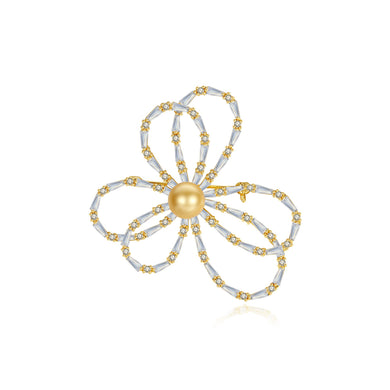 Simple and Fashion Plated Gold Flower Champagne Imitation Pearl Brooch with Cubic Zirconia