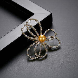Simple and Fashion Plated Gold Flower Champagne Imitation Pearl Brooch with Cubic Zirconia