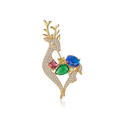 Fashion and Cute Plated Gold Deer Brooch with Colorful Cubic Zirconia