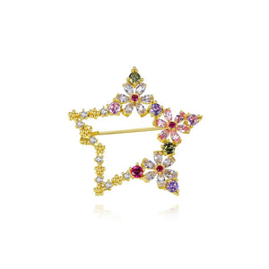 Simple and Fashion Plated Gold Star Flower Brooch with Colorful Cubic Zirconia