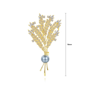 Elegant and Fashion Plated Gold Wheat Imitation Pearl Brooch with Yellow Cubic Zirconia