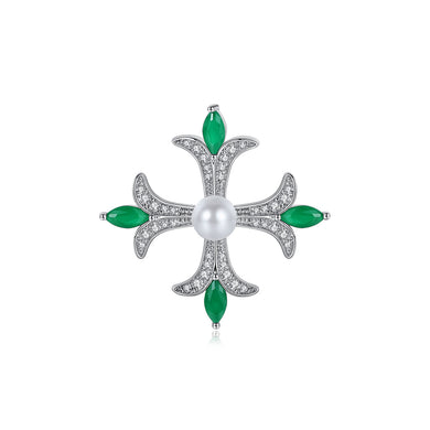 Simple and Elegant Pattern Cross Imitation Pearl Brooch with Cubic Zirconia
