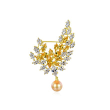 Load image into Gallery viewer, Fashion and Elegant Plated Gold Leaf Champagne Imitation Pearl Brooch with Cubic Zirconia
