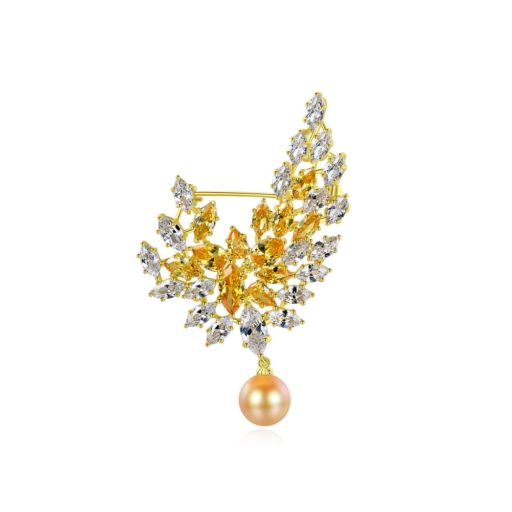 Fashion and Elegant Plated Gold Leaf Champagne Imitation Pearl Brooch with Cubic Zirconia
