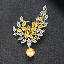 Load image into Gallery viewer, Fashion and Elegant Plated Gold Leaf Champagne Imitation Pearl Brooch with Cubic Zirconia