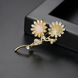 Fashion and Elegant Plated Gold Sunflower Brooch with Cubic Zirconia